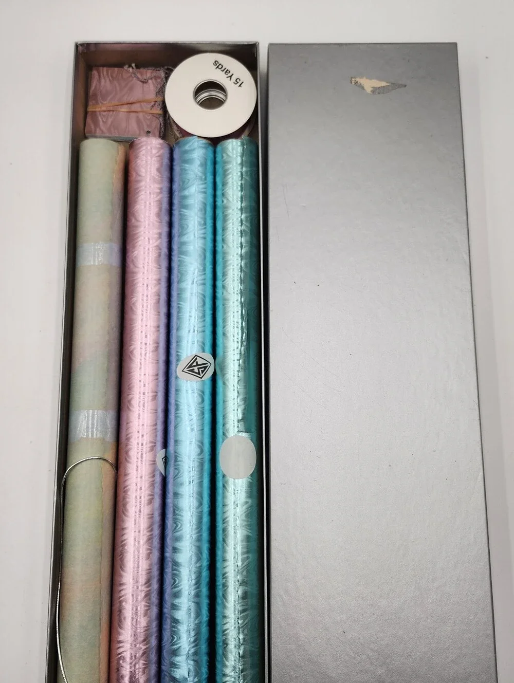 Vintage BOX SALLY FOSTER NEW Metallic Gift Wrap Rolls CARDS RIBBON SET